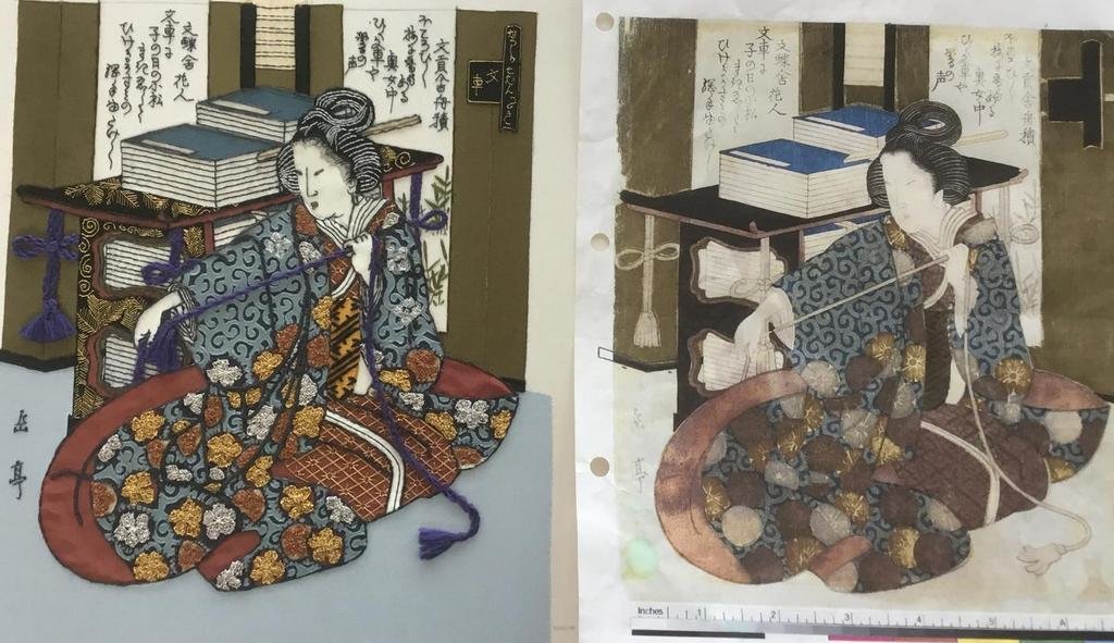 Stap 15: De textiele reconstructie van de Japanse prent is klaar (foto: Minke van de Zande).
