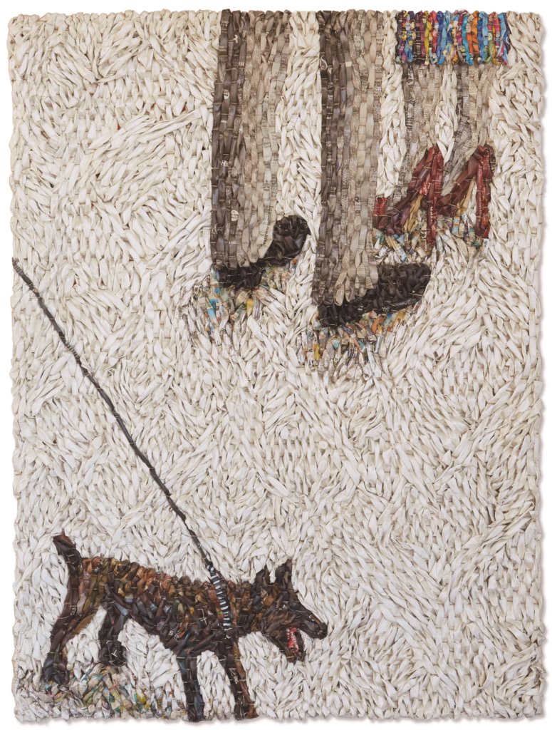 Gugger Petter, 'Dog on Leash with Two People', krant en mixed media,162 x 123 cm.
