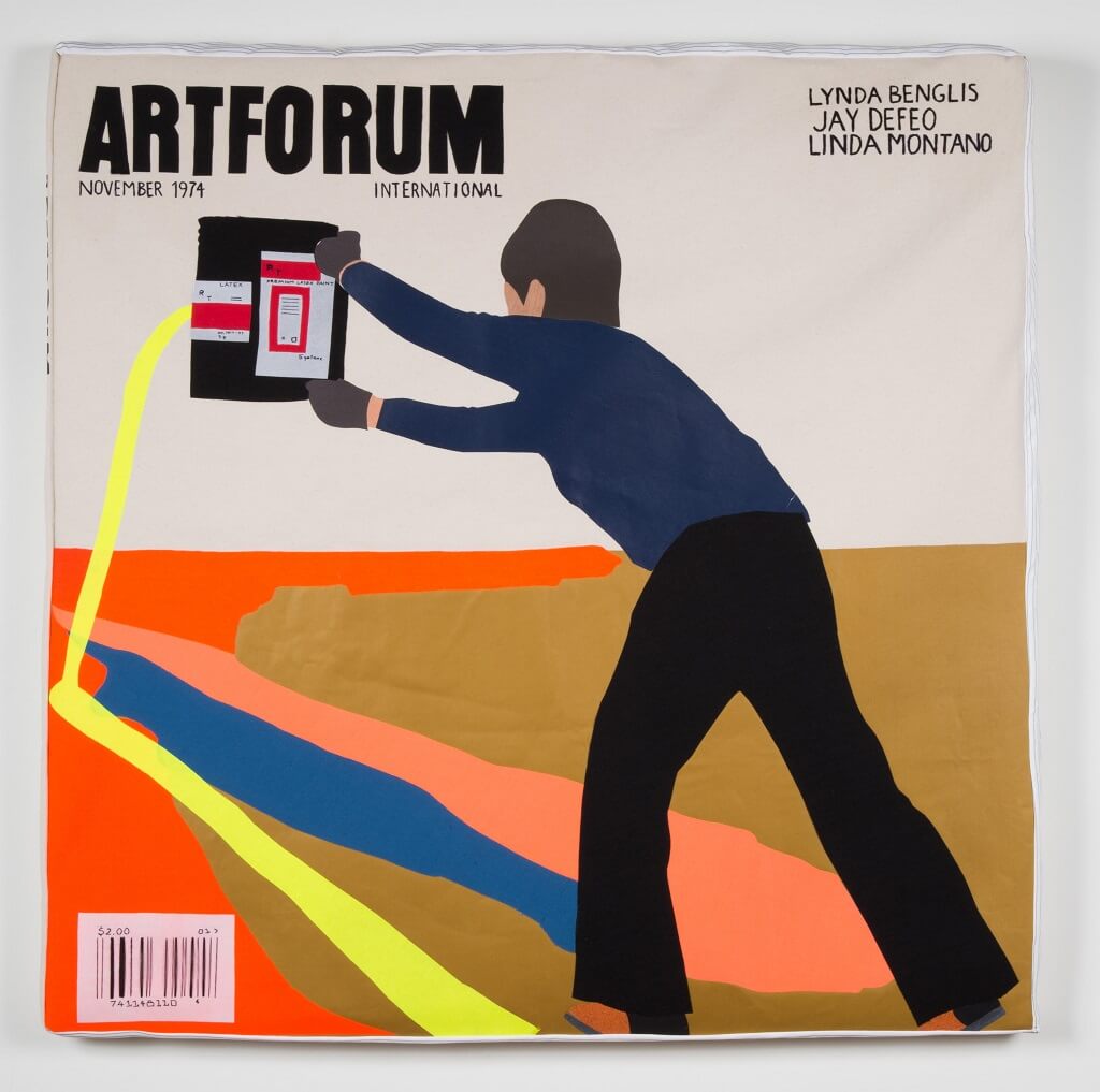 Megan Whitmarsh, "Artforum/Lynda Benglis", 2014, 100 x 100 x 6 cm, borduurgaren, potlood, stof en schuimrubber. (foto: Aaron Farley), courtesy kunstenaar.