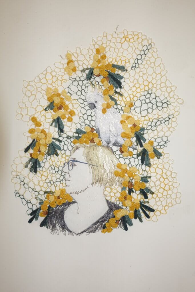 Sharon Peoples, "Jeanette Wattle portrait study with cockatoos".