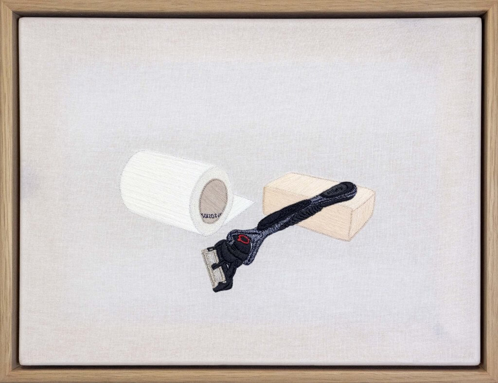 Regi Cherini, Toilet, Beauty & Maintenance (his), 2021, 43,5 x 33,5 cm, geborduurd flosdraad op wit katoen.