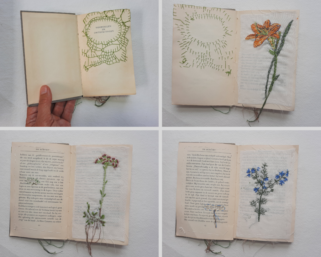 Karen Pompe, Boekje Wilde Planten, materiaal: boekje, oude gordijnstof, draad. Techniek: vrij borduren (diverse steken). 