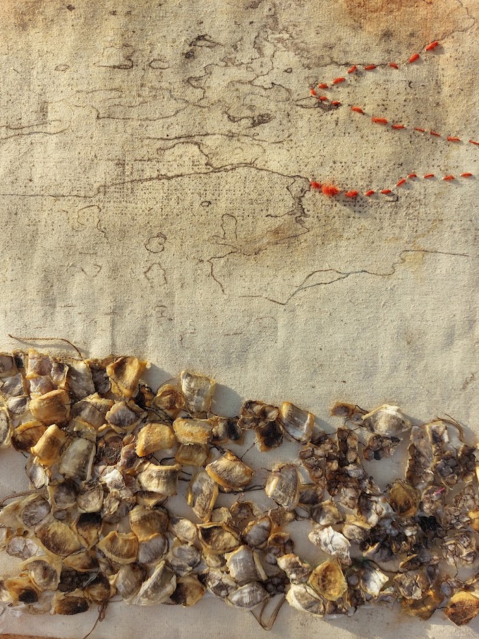 gerycled papier uit oud bouwmateriaal +gedroogde schubben van gevonden slang, geaccentueerd met Saaidraadje